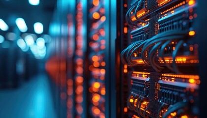 Close-up of server rack with glowing orange network cables, data transfer, modern technology in server room. Blurred background enhances focus on intricate connections, data flow, high-tech