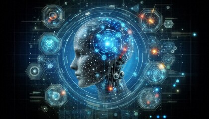 Abstract digital technology background with numbers and fractal light patterns