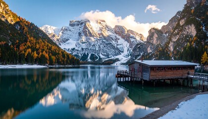 Calm lake reflecting snow-capped mountains and autumnal foliage; a wooden boathouse rests on the shore