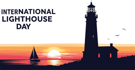 A silhouette of a lighthouse and sailboat at sunset for national lighthouse day in a vector illustration