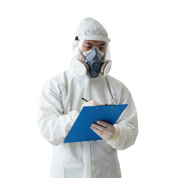 A person wearing a full protective hazmat suit and respirator mask is diligently writing notes on a blue clipboard isolated on transparent background