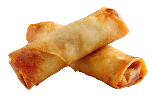 Two Crispy Fried Spring Rolls Close Up on Transparent Background