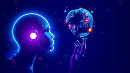 AI. AGI. Artificial intelligence in human face or head concept. Glowing neon silhouette of the head of a Artificial Intelligence or AGI on a blue background looks carefully at the Earth in his hand.