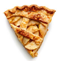 A slice of apple pie with a golden lattice crust, showcasing juicy apples and a flaky texture.