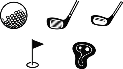 Golf equipment icons: ball, clubs, flag, and bunker.