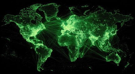 Glowing green world map, illustrating connections