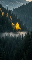 Vibrant Golden Larch Tree Illuminates Misty Evergreen Forest at Sunrise
