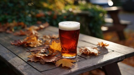 Amber ale glass on rustic table amidst autumn leaves outdoors in sunlight