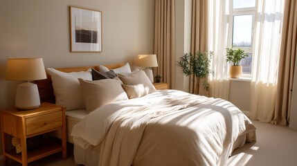 Cozy bedroom interior with soft lighting and neutral tones