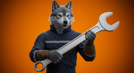Wolf mechanic holding a wrench ready to tackle tough jobs, vibrant orange background, dynamic and confident