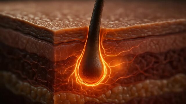 Intricate Visual Representation of Human Skin Layering with a Focus on Hair Follicles and Radiating Energy Lines Illustrating Biological Processes Beneath the Surface