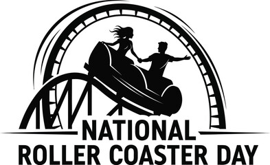 A black and vector illustration for national roller coaster day featuring silhouettes of people riding a roller coaster with their arms raised in excitement