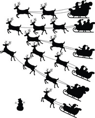 Flying Santa Claus Sleigh with Reindeer Silhouettes and Snowman – Festive Christmas Holiday Vector Set in Winter Sky Theme