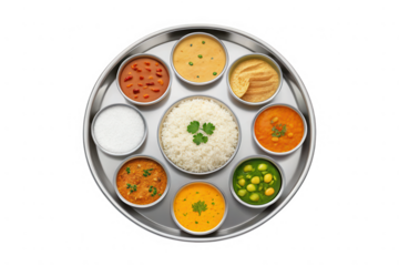 Indian thali meal with rice dal and various curries isolated on transparent background