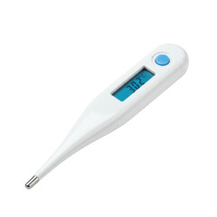 A white digital medical thermometer with a blue button and illuminated lcd screen displaying a temperature reading isolated on transparent background
