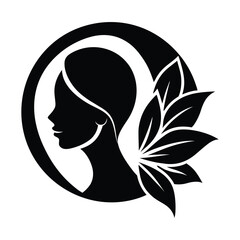 Black silhouette of a woman's profile with leaves in a circle face head