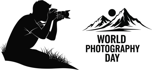 A silhouette of a photographer taking a picture of a mountain landscape world photography day, celebrating the art of capturing moments