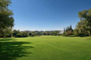 Expansive green lawn under a clear blue sky, framed by lush trees and distant hills