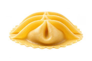 Detailed close up of a single golden ravioli pasta shape isolated on transparent background