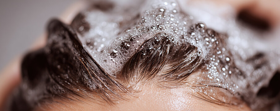 Shampoo lather covering hair during a relaxing shower experience in a modern bathroom