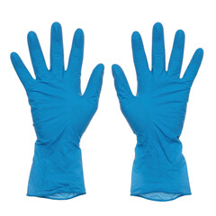 Obraz premium A pair of bright blue nitrile examination gloves with fingers spread wide showcasing their protective material and form isolated on transparent background