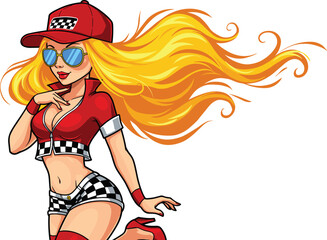 Glamorous Cartoon Racing Girl with Sunglasses and Flowing Hair – Stylish Action Pose for Fashion, Sports, and Lifestyle Themes