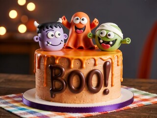 Halloween Monster Cake with Bright Orange Frosting and Fondant Characters