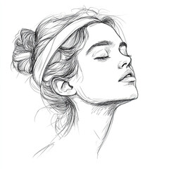 Fototapeta premium Sketch of a girl with her eyes closed and her hair pulled back