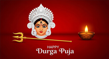Durga Puja Illustration with Goddess Face Trident and Lit Oil Lamp on Red Background