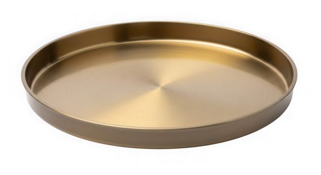 Empty golden tray, decorative metal plate isolated on transparent background