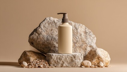 Beige cosmetic bottle on stone pedestal