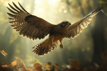 Obraz premium Eurasian sparrowhawk soaring gracefully through a tranquil forest at dawn, Eurasian sparrowhawk Accipiter nisus in the wild
