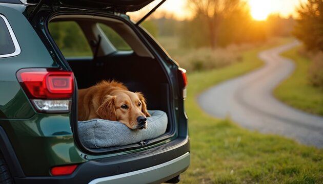 Golden retriever dog rests in car boot, ready for road trip adventure. Furry companion relaxes in open vehicle against scenic countryside backdrop at sunset. Summer holiday transport freedom.