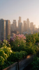 Rooftop garden with flowers and plants overlooks city skyline at sunset