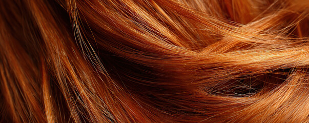Fototapeta premium Vibrant strands of shiny auburn hair flowing in soft waves under natural light