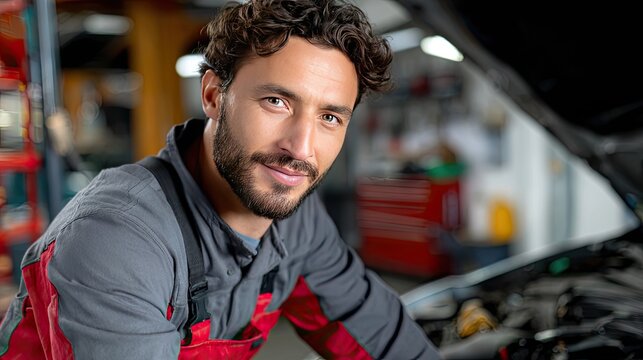 Mechanic's Pride: A skilled mechanic, exuding confidence and expertise, gazes directly at the viewer, showcasing his dedication and precision in his workshop. 