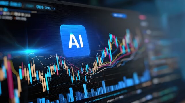 AI in Financial Realm: A dynamic visualization of stock market data on a monitor screen, seamlessly integrated with an AI graphic. - Powered by Adobe