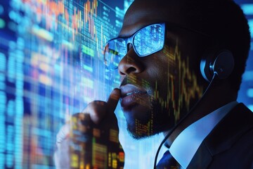 Financial data processing analysis conducted by African American professional with technology in a modern setting, financial data processing over african american businessman in office