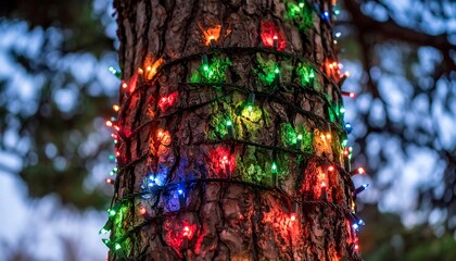 Colorful lights wrapped around a tree trunk at dusk