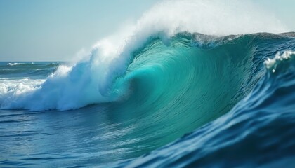 Majestic blue wave crests, breaks with powerful foam, spray, creating translucent tube. Ocean water displays vibrant turquoise, deep blue hues under clear sky. Serene yet dynamic seascape perfect for