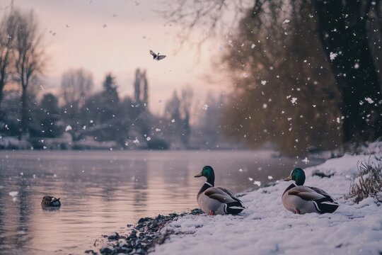 Ducks enjoying a peaceful morning by the riverbank amidst gentle snowfall, Panning shot of a few ducks sitting by the river, snow flying in the sky