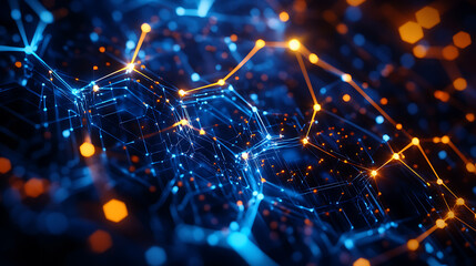 Abstract Hexagonal Network with Glowing Data Connections in Blue and Orange