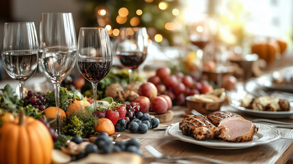 Festive dining table adorned with seasonal fruits, roasted meats, and elegant glassware, creating a warm atmosphere for a joyful celebration and gathering experience
