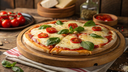 Delicious pizza on wooden plate, melted cheese, basil leaves, rustic background.