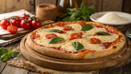 Delicious Margherita pizza on wooden plate, melted cheese, basil leaves, rustic background.
