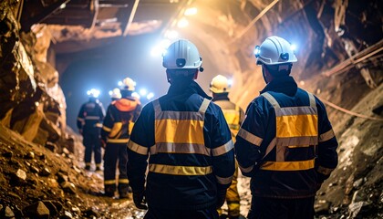 A dedicated crew of miners with headlamps illuminates the path forward in a deep underground resource extraction operation