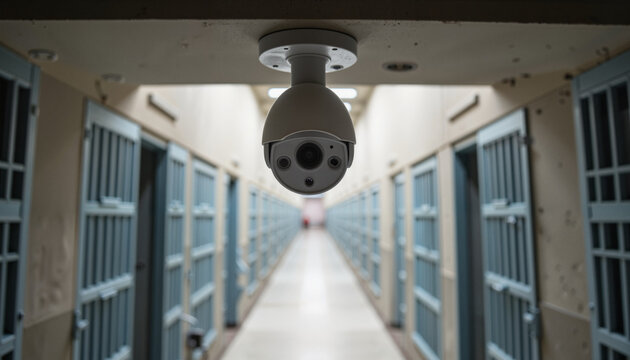 Security camera monitoring prison cell block, surveillance concept