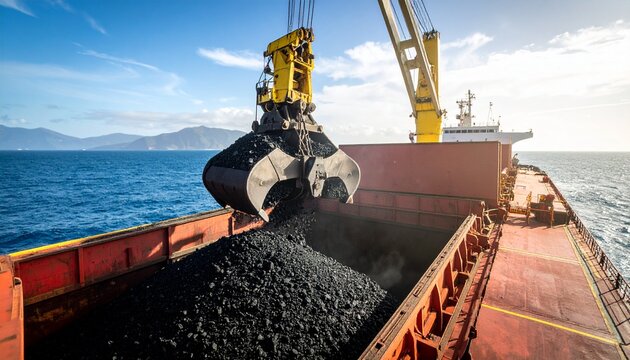 Industrial crane loading coal into a bulk carrier cargo ship, showcasing maritime transport and global energy trade