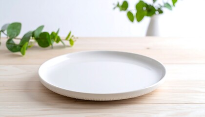 Empty white plate on light wood table
