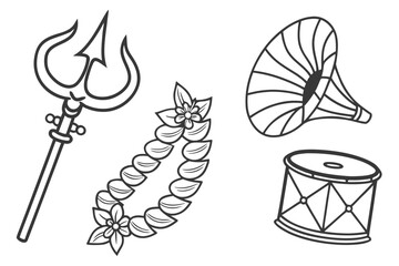 Indian cultural symbols trident flower garland gramophone and drum isolated on white background